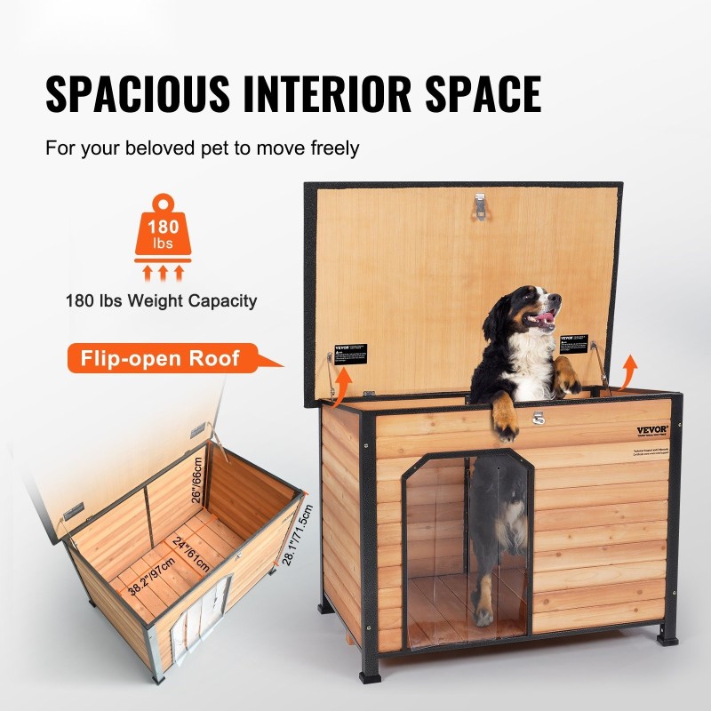 Ulkokoirankoppi vedenkestävä setripuu rautarunko eristetty korotettu lattia keskikokoisille ja suurille