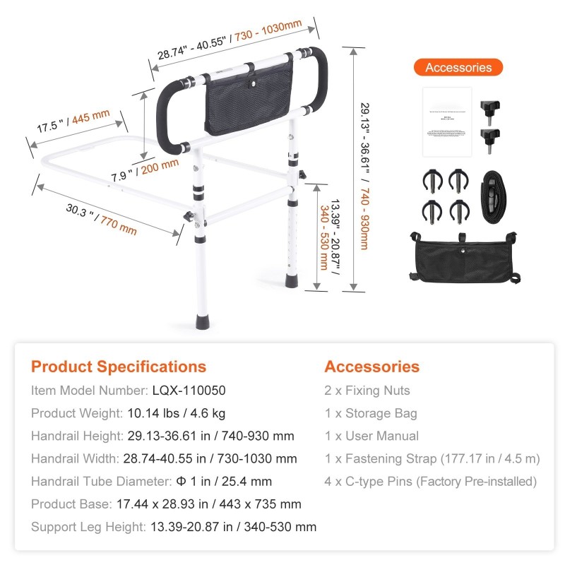 Sängyn kaide hiiliteräksinen 180 asteen kääntyvä 204 kilogramman kantavuus nelitasoinen säädettävä kädensija