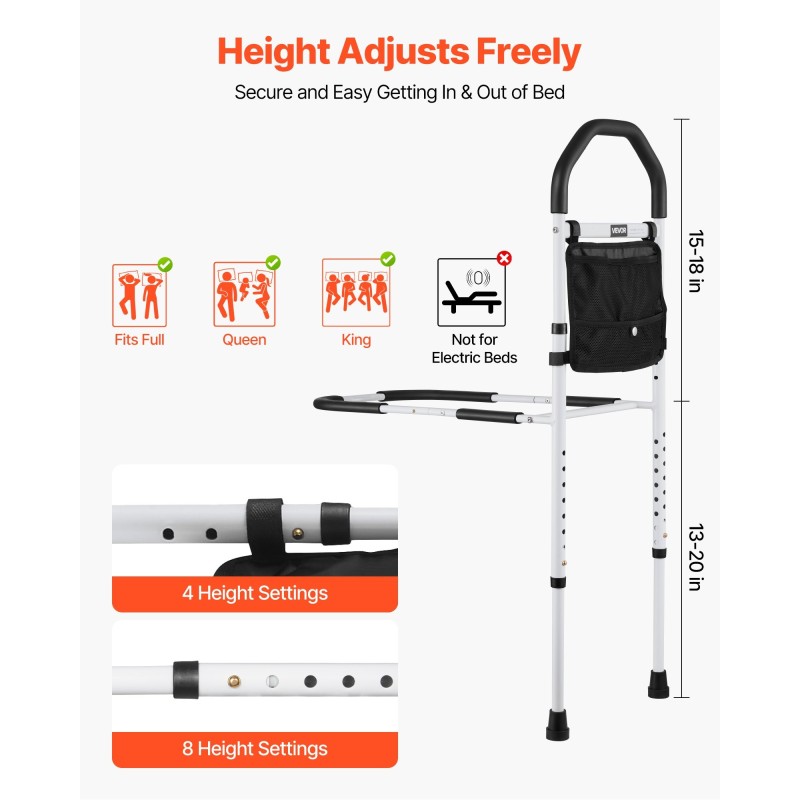 Sängynlaita säädettävä korkeus hiiliteräsputki PU-kahva sopii useimpiin sänkyihin