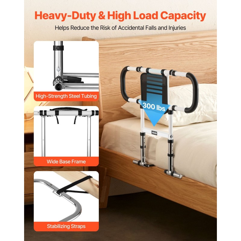 Sängynlaita säädettävä taittuva hiiliteräsrunko polyuretaanipinnoitettu kahva kantavuus 136 kg eri sänkymitoille