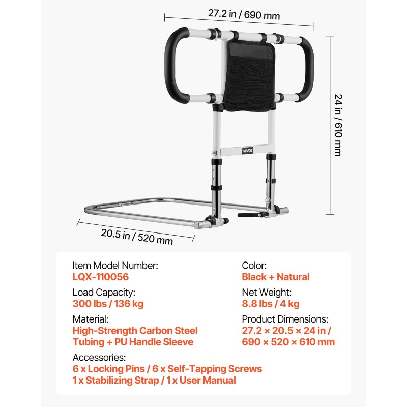 Sängynlaita säädettävä taittuva hiiliteräsrunko polyuretaanipinnoitettu kahva kantavuus 136 kg eri sänkymitoille