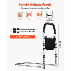 Sängynlaita iäkkäille säädettävä korkeus hiiliteräsrunko polyuretaanikahva 136 kg kantavuus sopii eripaksuisille patjoille