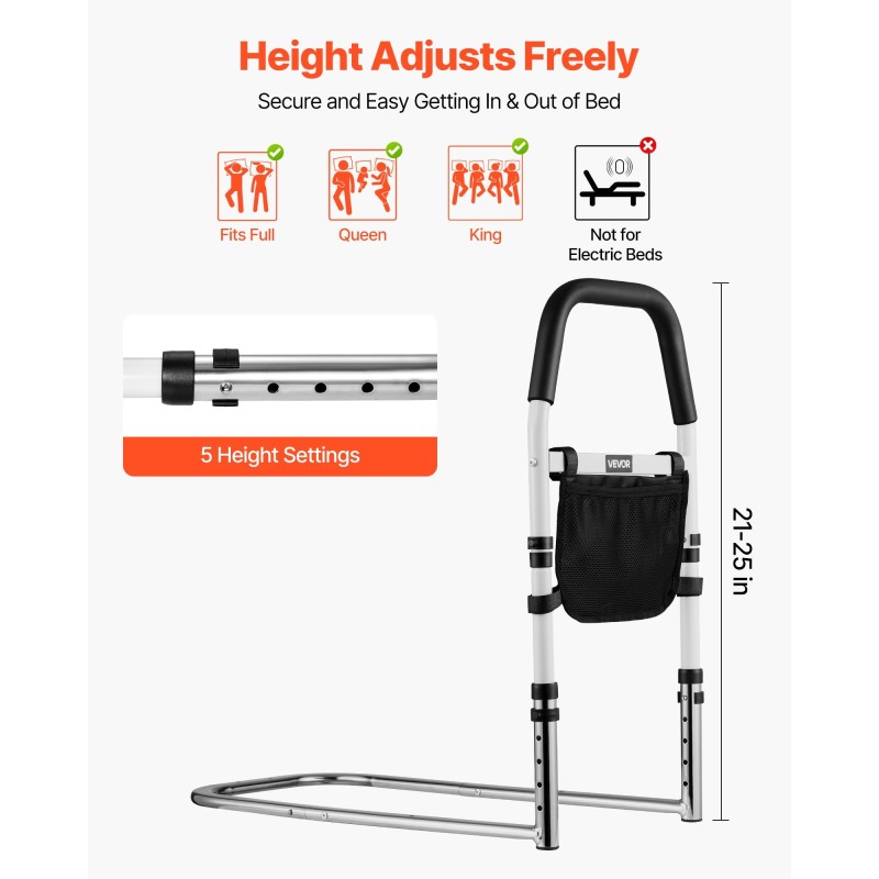 Sängynlaita iäkkäille säädettävä korkeus hiiliteräsrunko polyuretaanikahva 136 kg kantavuus sopii eripaksuisille patjoille