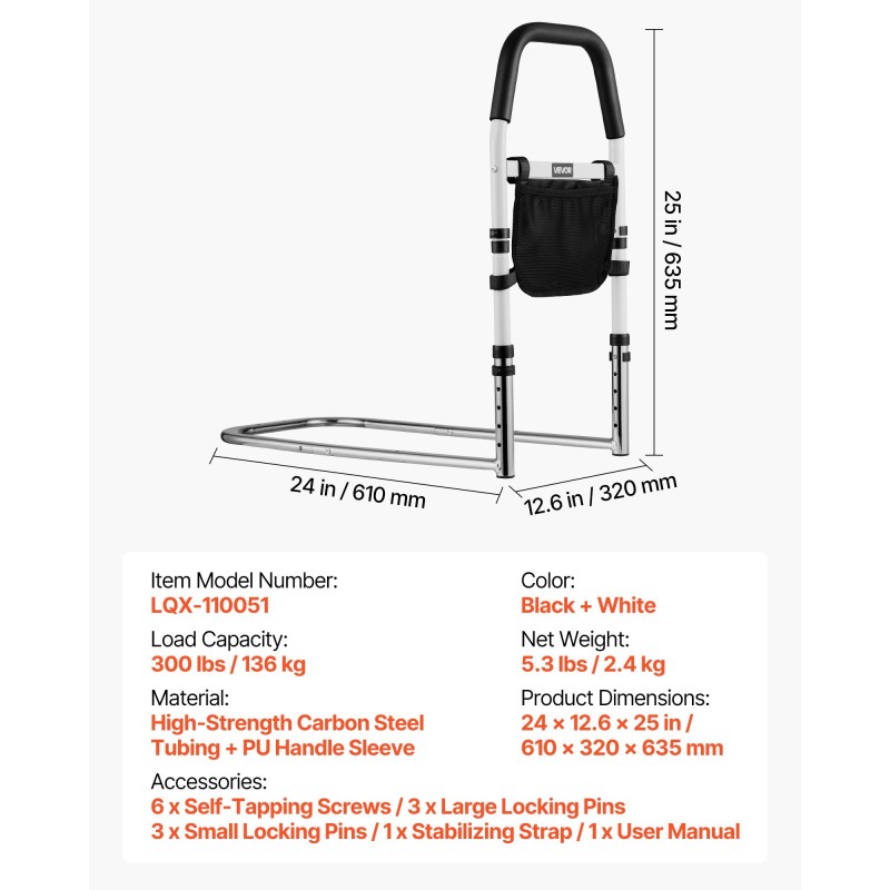Sängynlaita iäkkäille säädettävä korkeus hiiliteräsrunko polyuretaanikahva 136 kg kantavuus sopii eripaksuisille patjoille