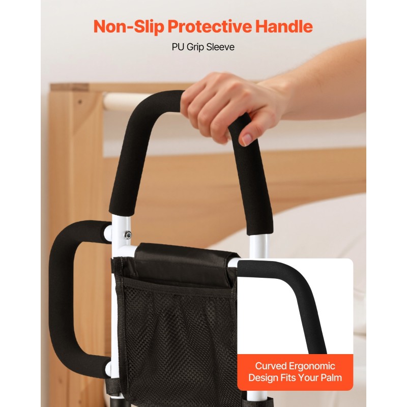 Sängynlaita hiiliteräsputkesta säädettävällä korkeudella polyuretaanisella kahvalla ja sivukahvalla sopii eri sänkikokoihin