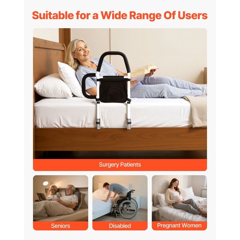 Sängynlaita hiiliteräsputkesta säädettävällä korkeudella polyuretaanisella kahvalla ja sivukahvalla sopii eri sänkikokoihin