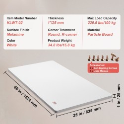 Lastulevyinen työtaso 1524x635 mm 25 mm 100 kg valkoinen