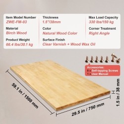 Pöytätaso vaahterapuu 1500×750 mm 38 mm kantavuus 150 kg