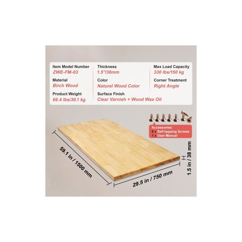 Pöytätaso vaahterapuu 1500×750 mm 38 mm kantavuus 150 kg