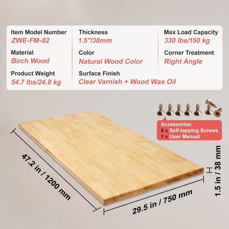 Pöytätaso vaahterainen yhden kappaleen 1200×750 mm 38 mm paksu 150 kg kantava