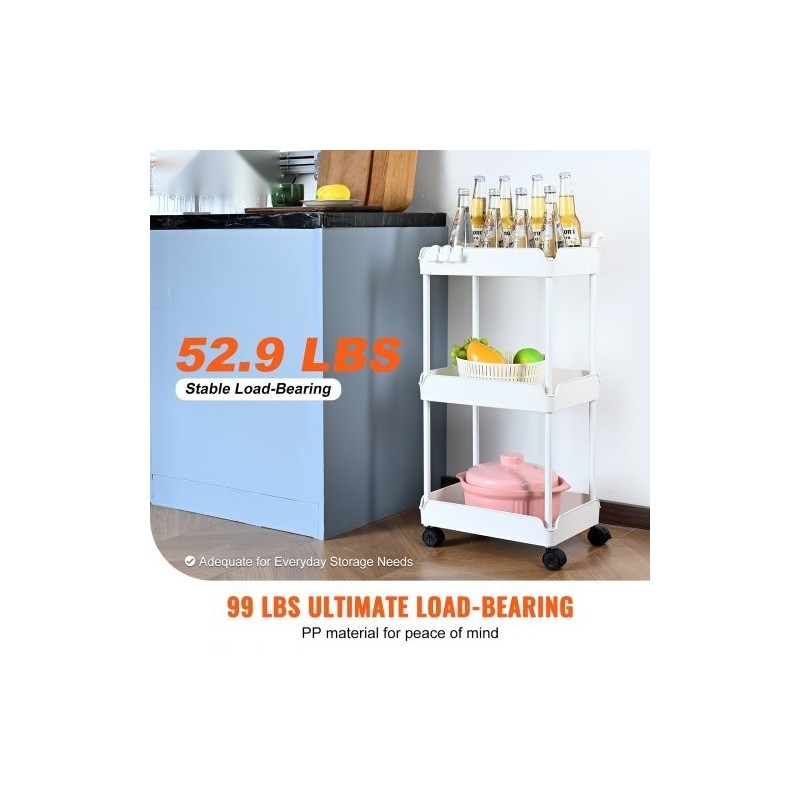 Kolmitasoinen rullattava säilytyskärry PP-muovinen valkoinen enimmäiskantavuus 45 kg lukittavat pyörät