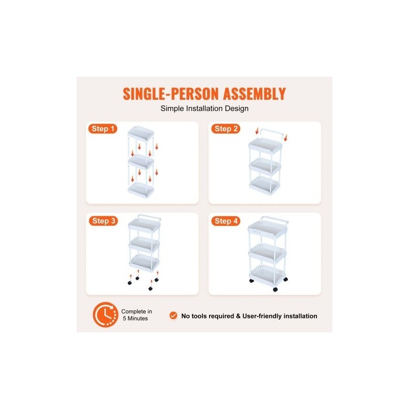 Kolmitasoinen rullattava säilytyskärry PP-muovinen valkoinen enimmäiskantavuus 45 kg lukittavat pyörät