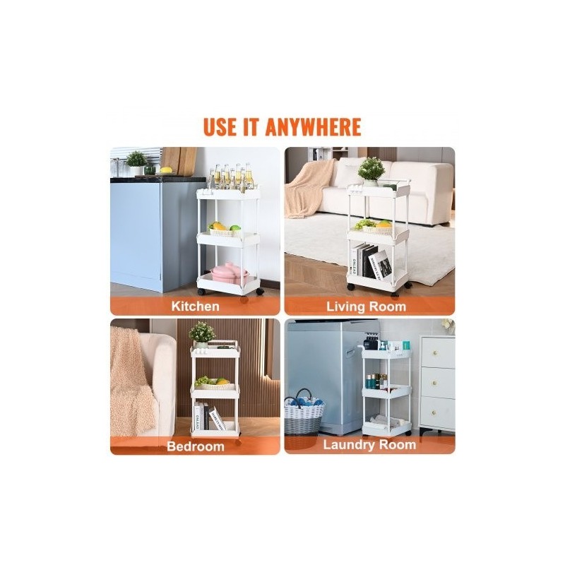 Kolmitasoinen rullattava säilytyskärry PP-muovinen valkoinen enimmäiskantavuus 45 kg lukittavat pyörät