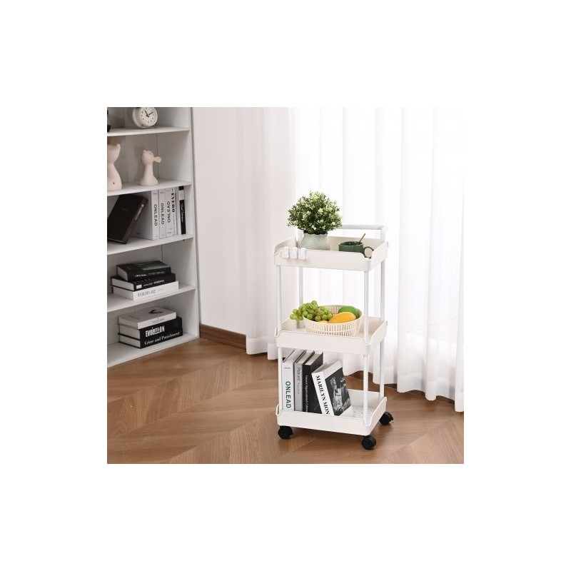 Kolmitasoinen rullattava säilytyskärry PP-muovinen valkoinen enimmäiskantavuus 45 kg lukittavat pyörät