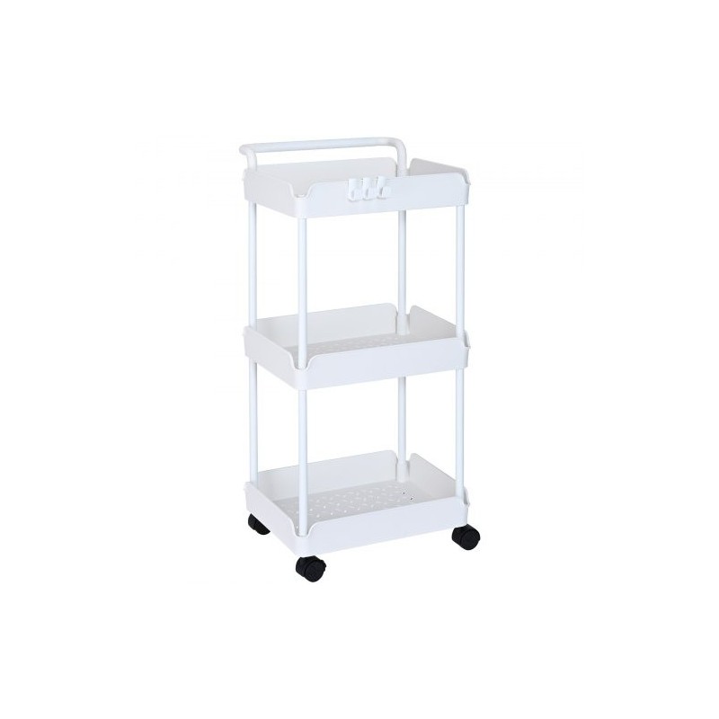 Kolmitasoinen rullattava säilytyskärry PP-muovinen valkoinen enimmäiskantavuus 45 kg lukittavat pyörät
