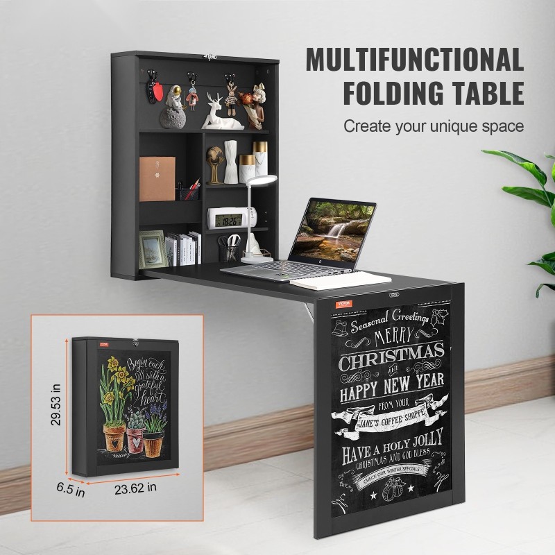 Seinään kiinnitettävä lastulevytaittopöytä liitutaululla hyllyillä ja koukuilla kotitoimistoon