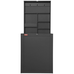 Seinään kiinnitettävä lastulevytaittopöytä liitutaululla hyllyillä ja koukuilla kotitoimistoon