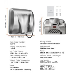 Käsienkuivain seinään asennettava 304-ruostumaton teräs 1800W automaattinen infrapunatunnistin HEPA-suodatin 220-240V