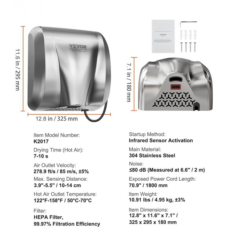 Käsienkuivain seinään asennettava 304-ruostumaton teräs 1800W automaattinen infrapunatunnistin HEPA-suodatin 220-240V