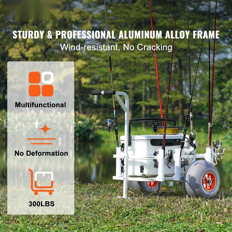 Kalastuskärry alumiinirunko 136 kilogramman kantavuus 13 tuuman PU-ilmarenkaat 8 vapapidikettä