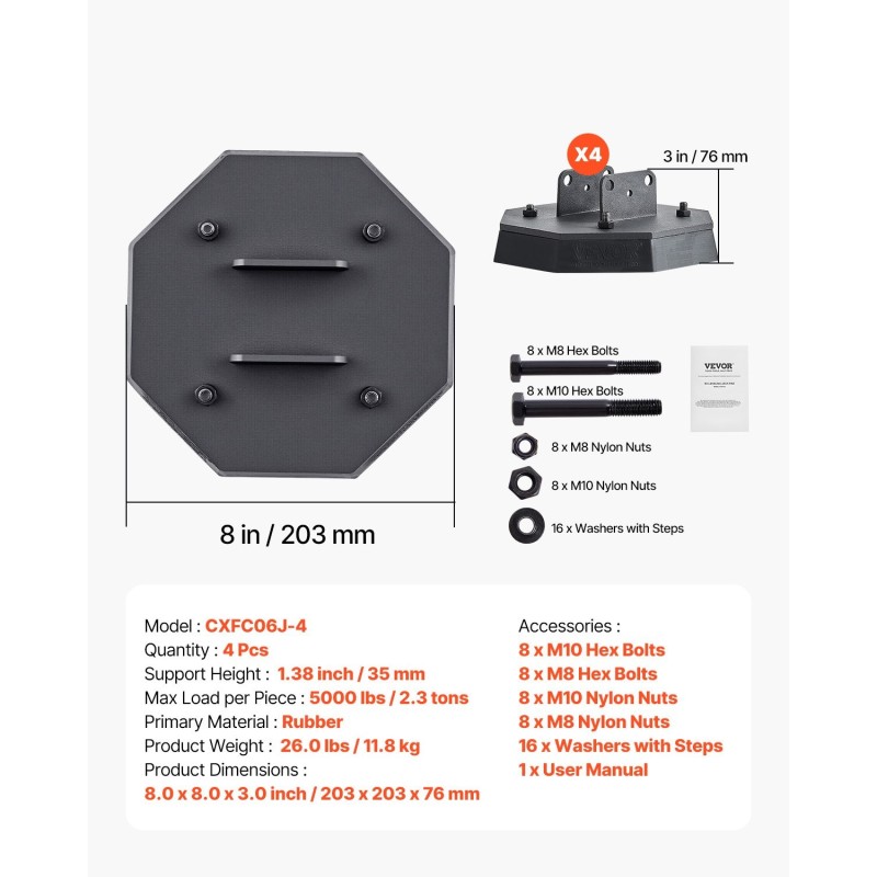 Kumiset tunkkialustat 4 kpl 203x203x76 mm 2,3 t saksitunkille