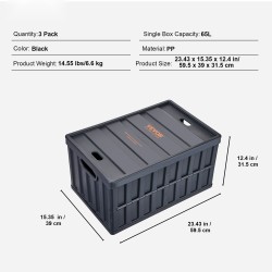 Taitettavat PP-muoviset säilytyslaatikot 65L 3 kpl kannella pinottavat kahvoilla