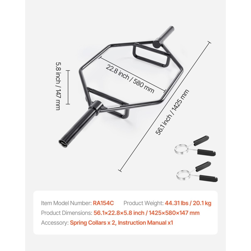 Kuusikulmainen trap-tanko teräs 50 mm holkit 360 kg kapasiteetti karhennetut kahvat