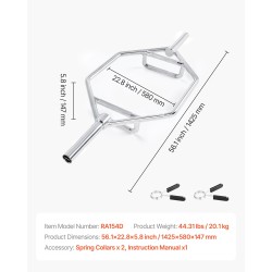 Kuusikulmainen terästanko 50 mm keskireikä 360 kg karhennetut kahvat