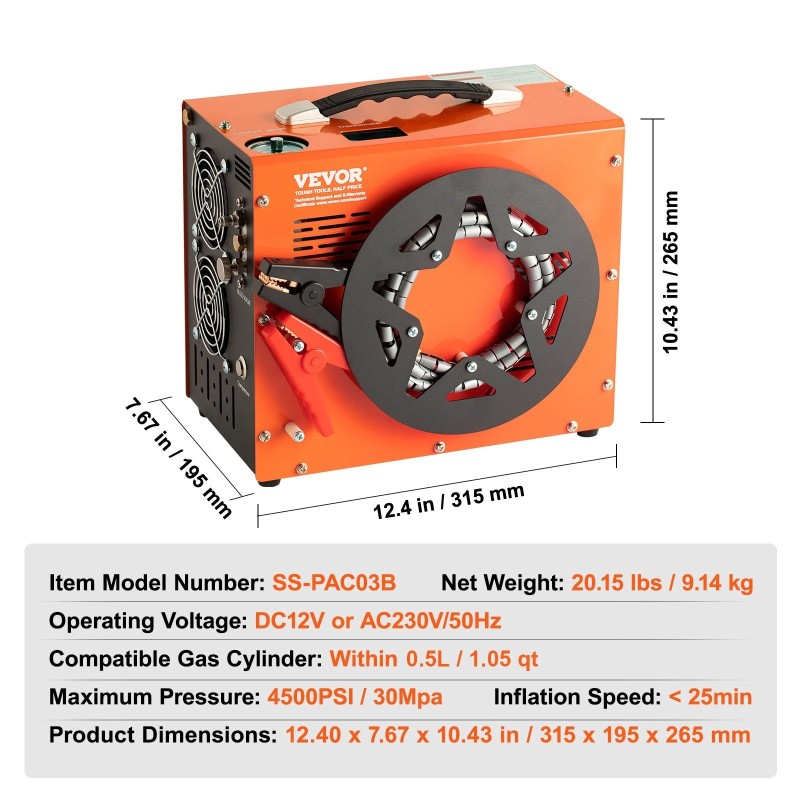 PCP-ilmakompressori kannettava 30 MPa 4500 PSI 600W muunnin DC12V ja AC230V öljytön