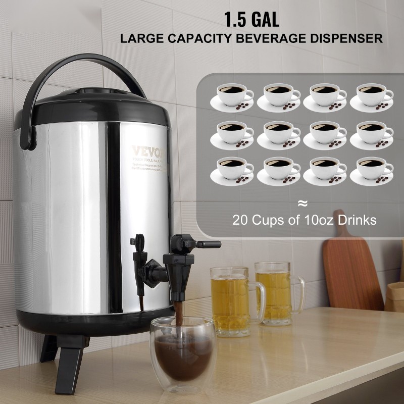 Eristetty juoma-annostelija kuusi litraa ruostumatonta terästä kuumiin ja kylmiin juomiin elintarvikekelpoinen