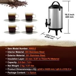 Eristetty juoma-annostelija 7,6 l ruostumatonta terästä kaksiseinäinen elintarvikekelpoinen kuumille ja kylmille juomille