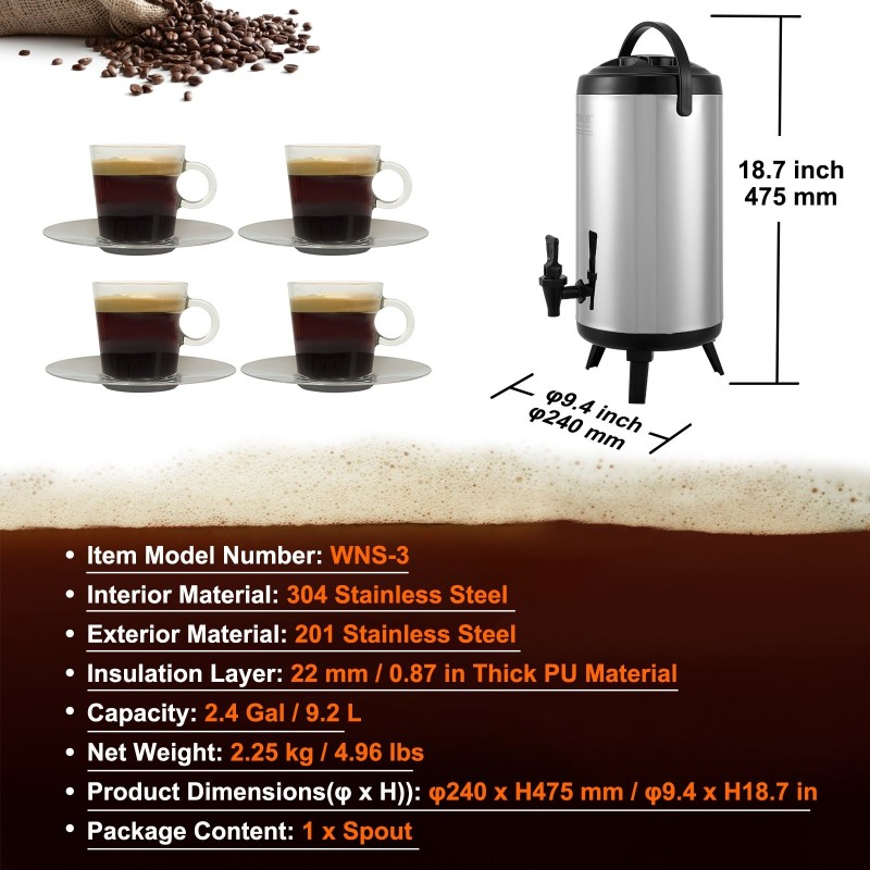 Eristetty juoma-annostelija ruostumattomasta teräksestä 9,2 litraa kuumille ja kylmille juomille