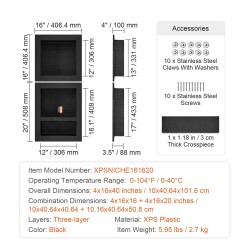 Suihkuseinän hyllysyvennys XPS-muovi kolmitasoinen 40,6x40,6 ja 40,6x50,8 cm musta laatoitettava