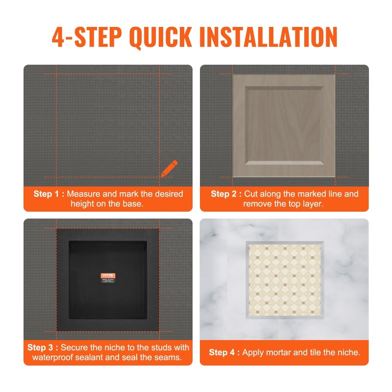 Suihkun seinään upotettava hyllysyvennys XPS-muovi 40,64x40,64 cm musta vedeneristetty