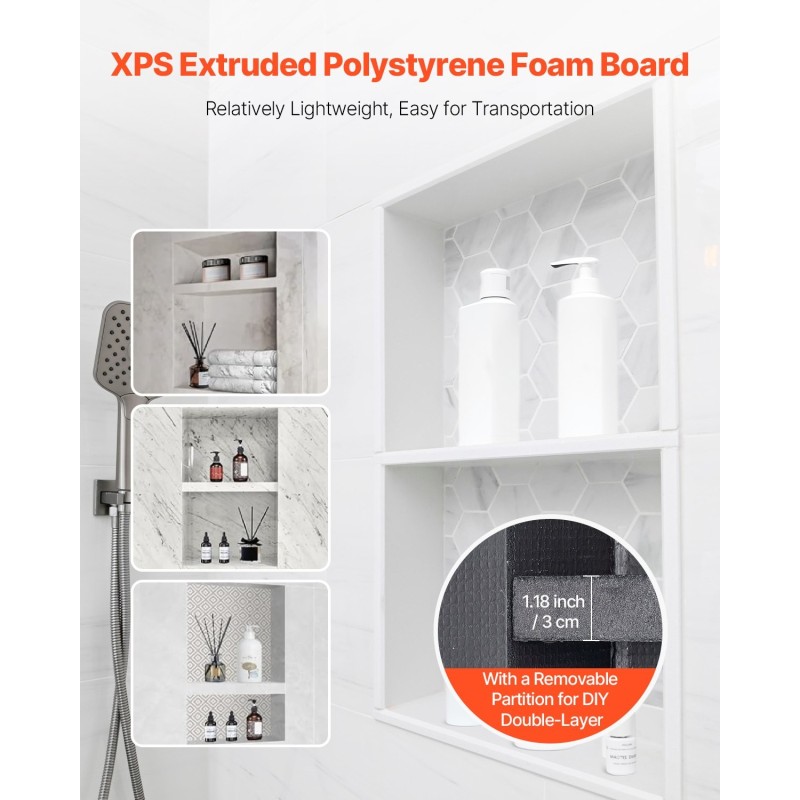 Suihkunika XPS-muovinen seinään upotettava 40,6x71,1x10,2 cm musta siirrettävä välitaso