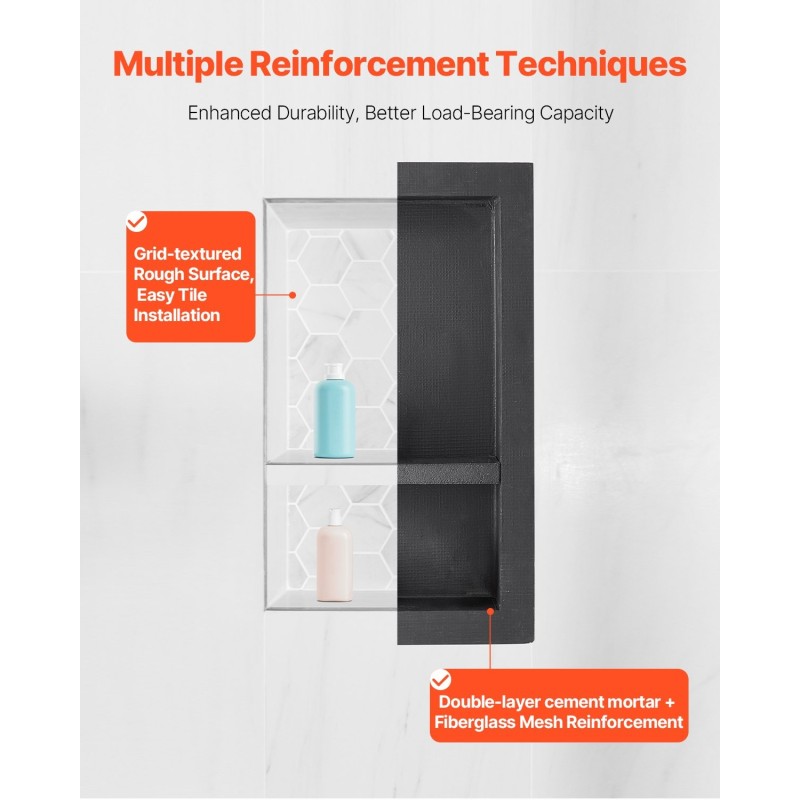 Suihkunika XPS-muovinen seinään upotettava 40,6x71,1x10,2 cm musta siirrettävä välitaso