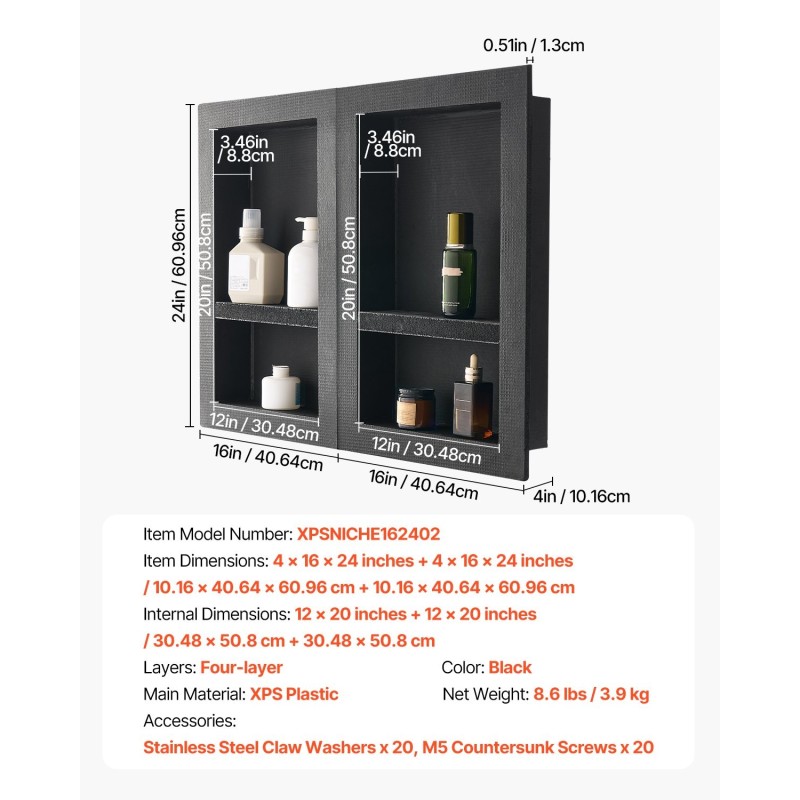 Upotettava seinälokero XPS-muovi musta 10,2×40,6×61 cm kaksi liikuteltavaa hyllyä vesitiivis