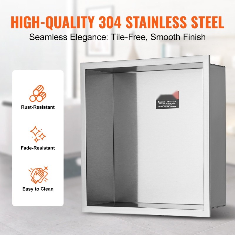 Seinään upotettava vesitiivis suihkutilahylly 304 ruostumaton teräs 33x33 cm