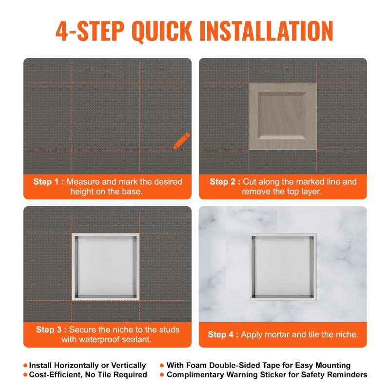Seinään upotettava vesitiivis suihkutilahylly 304 ruostumaton teräs 33x33 cm