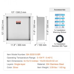 Seinään upotettava vesitiivis suihkutilahylly 304 ruostumaton teräs 33x33 cm