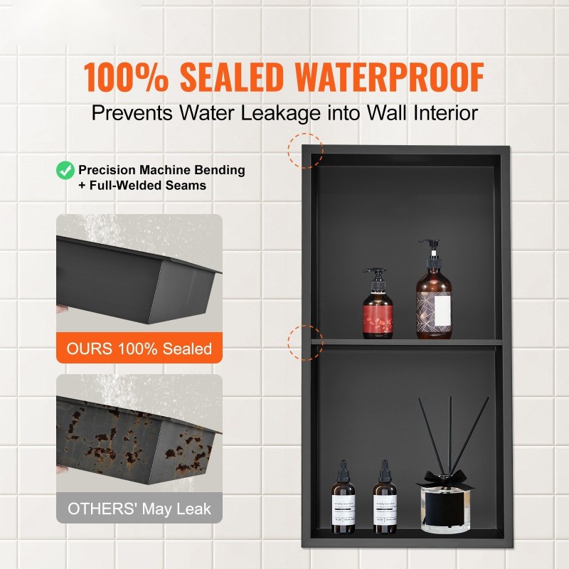 Seinään upotettava suihkuseinäsyvennys 304 ruostumaton teräs 10x33,02x63,5 cm kaksitasoinen musta vesitiivis