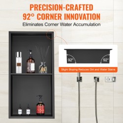 Seinään upotettava suihkuseinäsyvennys 304 ruostumaton teräs 10x33,02x63,5 cm kaksitasoinen musta vesitiivis