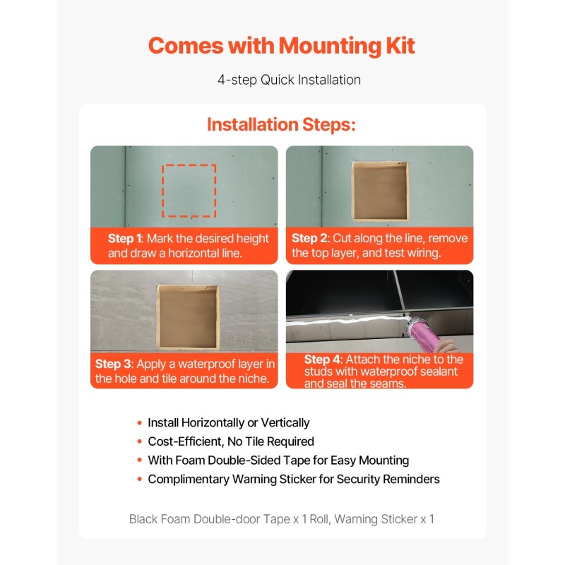 Upotettava suihkunišši 304-ruostumatonta terästä 33x33x10,2 cm yksihyllyinen musta