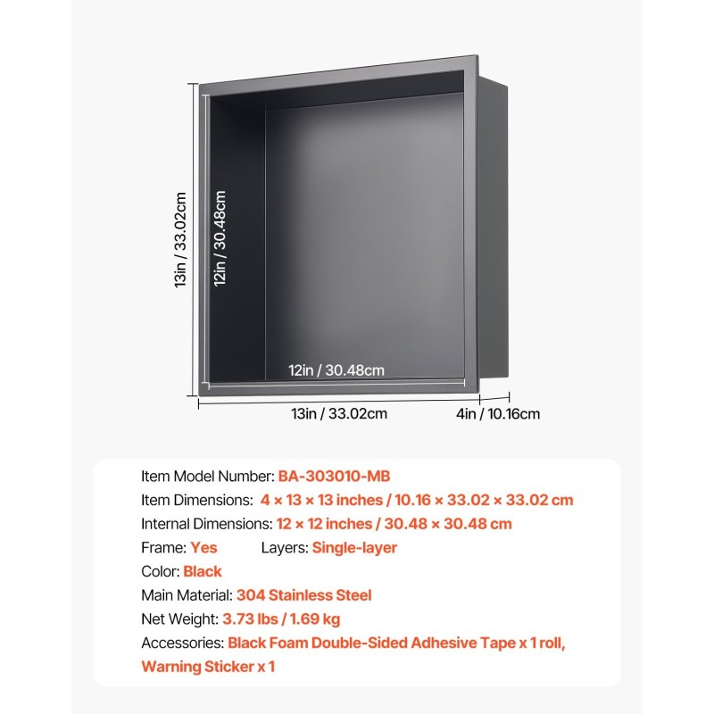 Upotettava suihkunišši 304-ruostumatonta terästä 33x33x10,2 cm yksihyllyinen musta