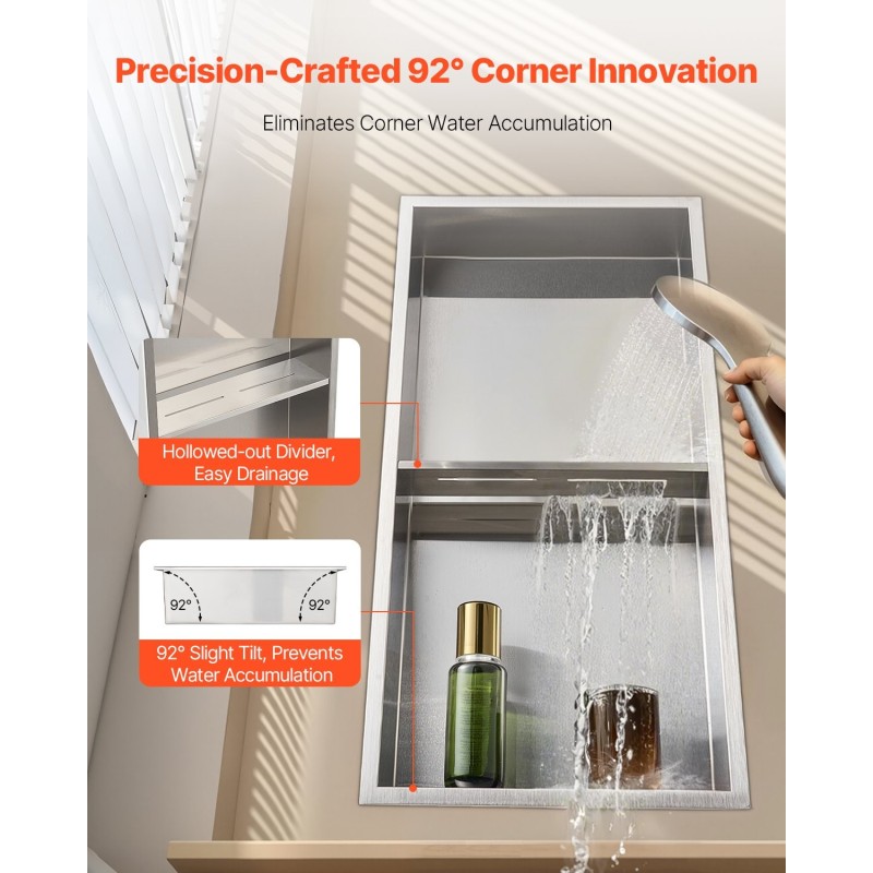 Upotettava suihkuseinäsyvennys kaksikerroksinen 304-ruostumaton teräs 10,16 x 33,02 x 63,5 cm