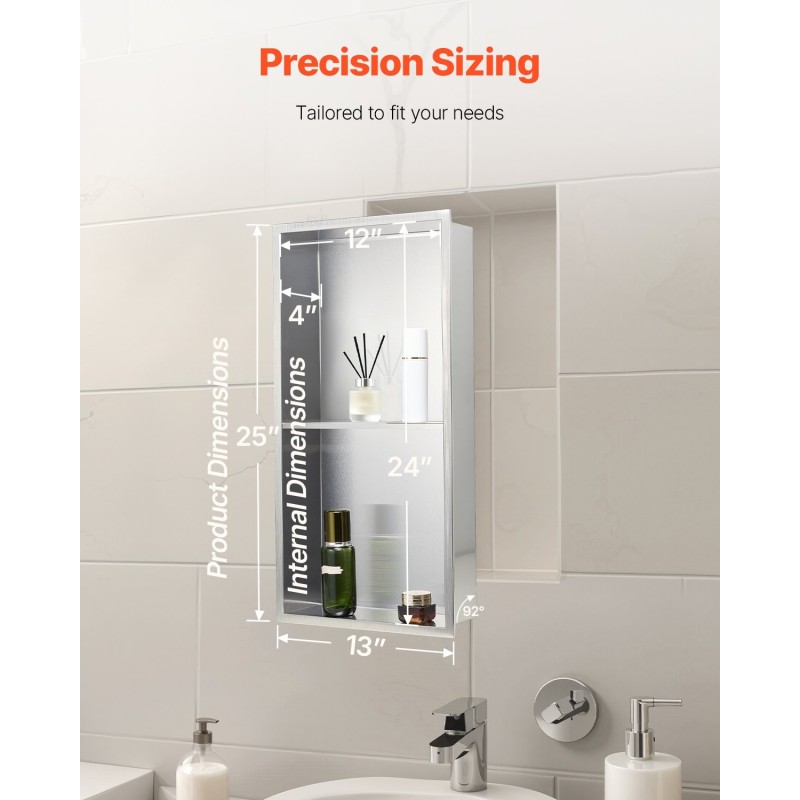 Upotettava suihkuseinäsyvennys kaksikerroksinen 304-ruostumaton teräs 10,16 x 33,02 x 63,5 cm