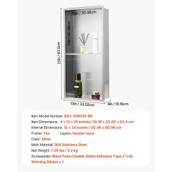 Upotettava suihkuseinäsyvennys kaksikerroksinen 304-ruostumaton teräs 10,16 x 33,02 x 63,5 cm