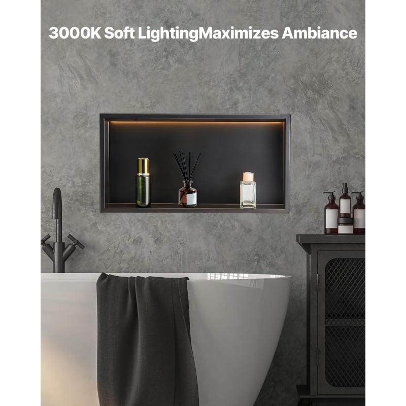 Suihkukolo 33x63,5x10,2 cm ruostumaton teräs musta vedenpitävä LED-valolla