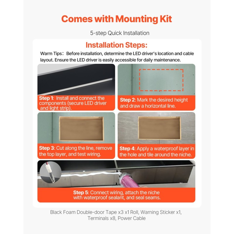 Suihkukolo 33x63,5x10,2 cm ruostumaton teräs musta vedenpitävä LED-valolla