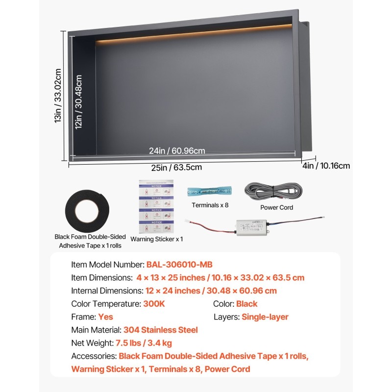 Suihkukolo 33x63,5x10,2 cm ruostumaton teräs musta vedenpitävä LED-valolla